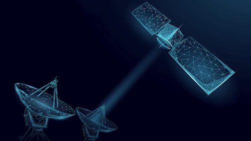 Wireframe image of a satellite communicating with earth-based antennas to represent the digital twin in spacecraft design.